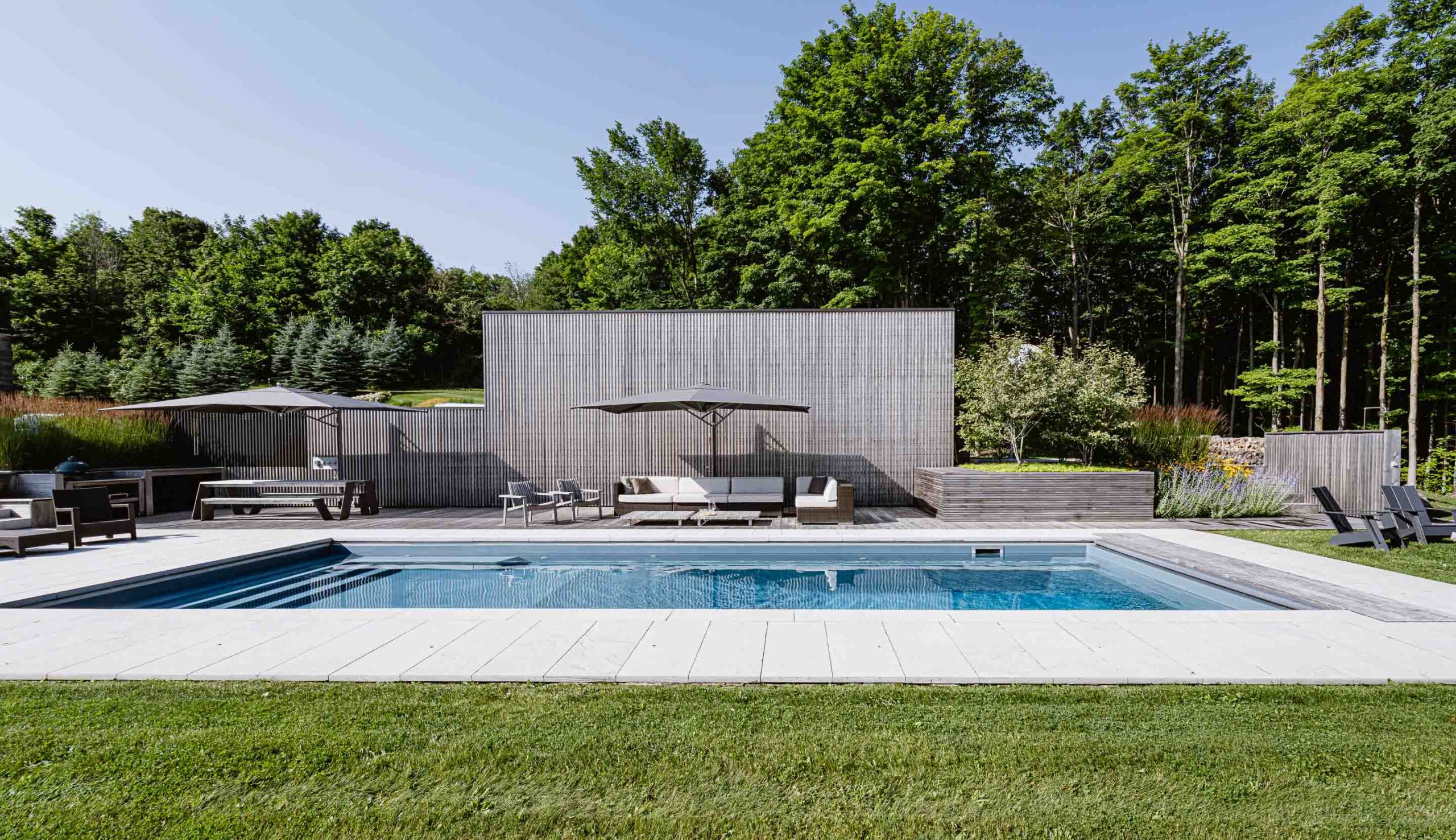 aerial view of a Contemporary studio and pool build by Blake Farrow Project, architect AKB, landscape design by Joel Loblaw