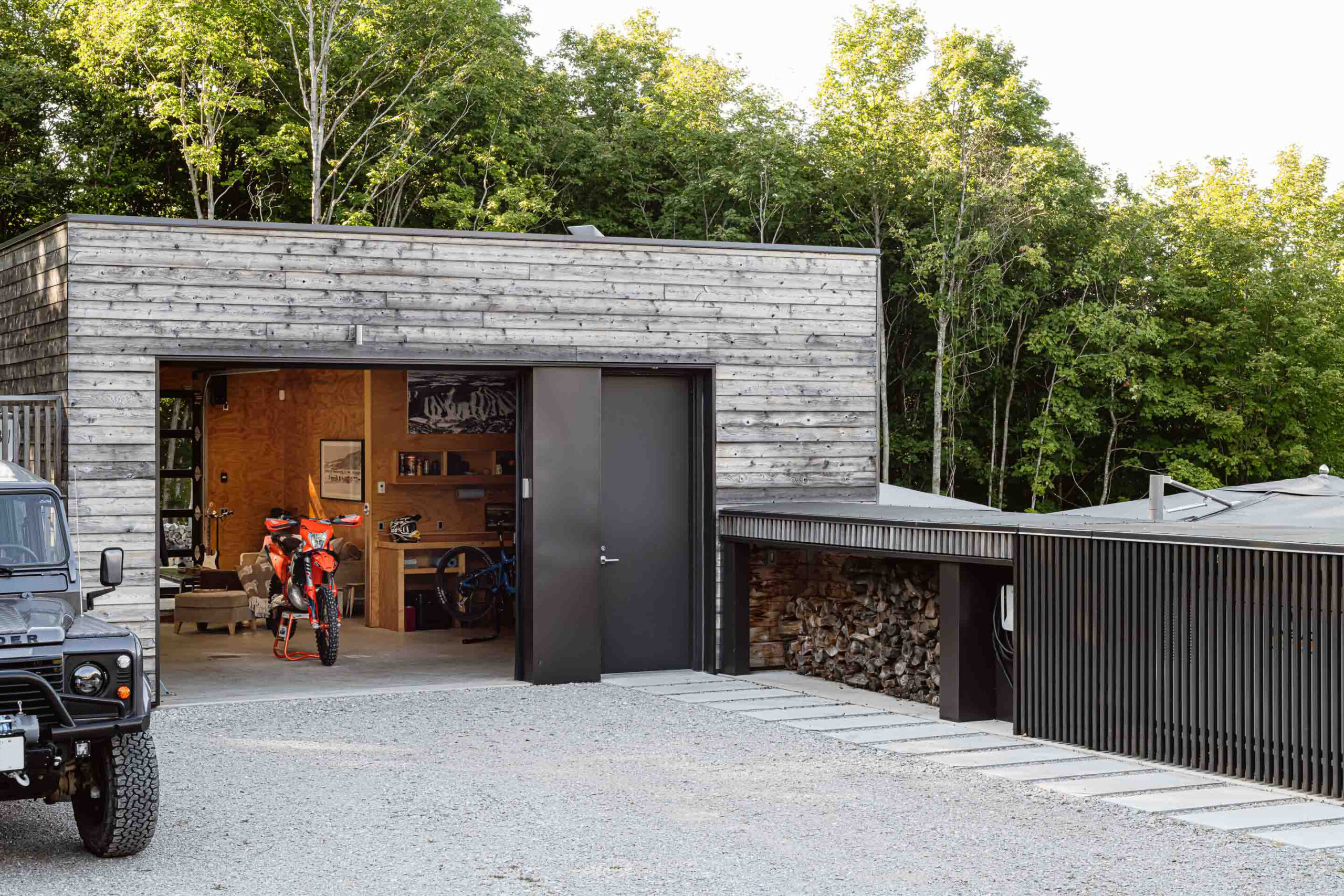 exterior of a minimalist, modern garage and shop