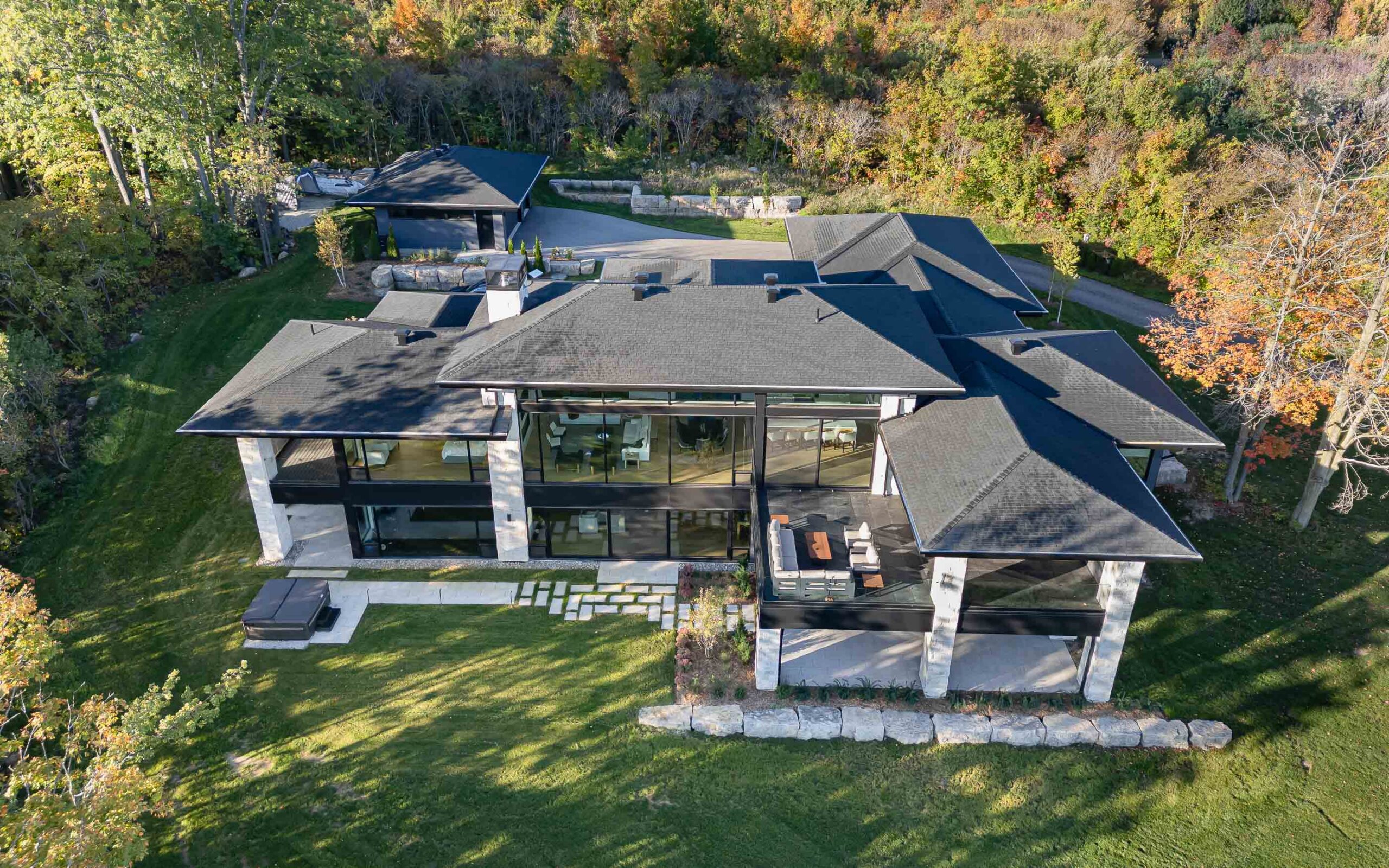 Aerial view of a contemporary country home built by a Blue Mountain custom home builder