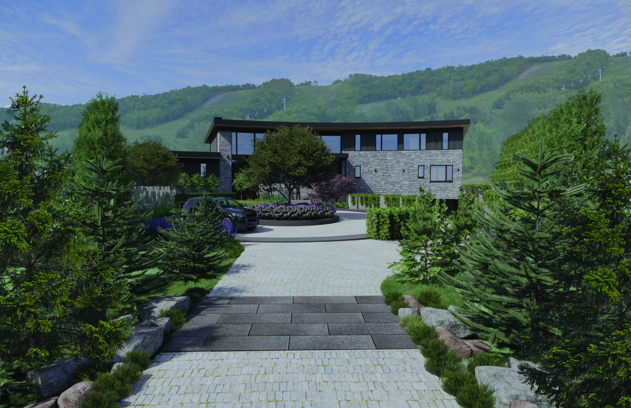 Rendering of the driveway and entry of a contemporary chalet showing the landscaping design, exterior lighting and architectural elements