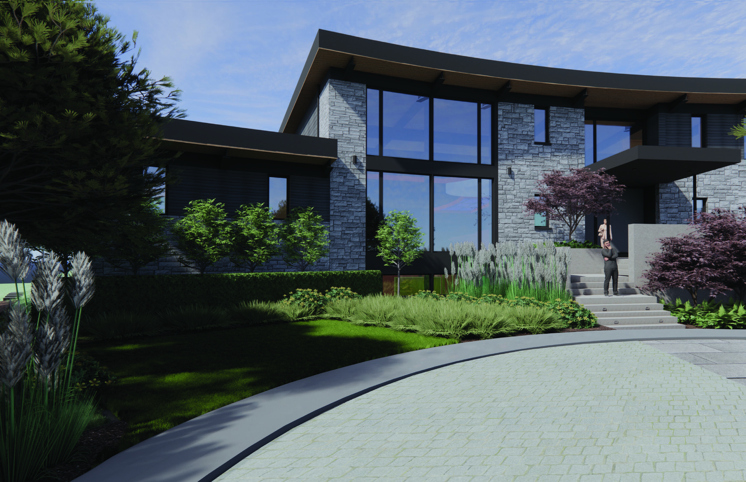 Rendering of the driveway and entry of a contemporary chalet showing the landscaping design, exterior lighting and architectural elements