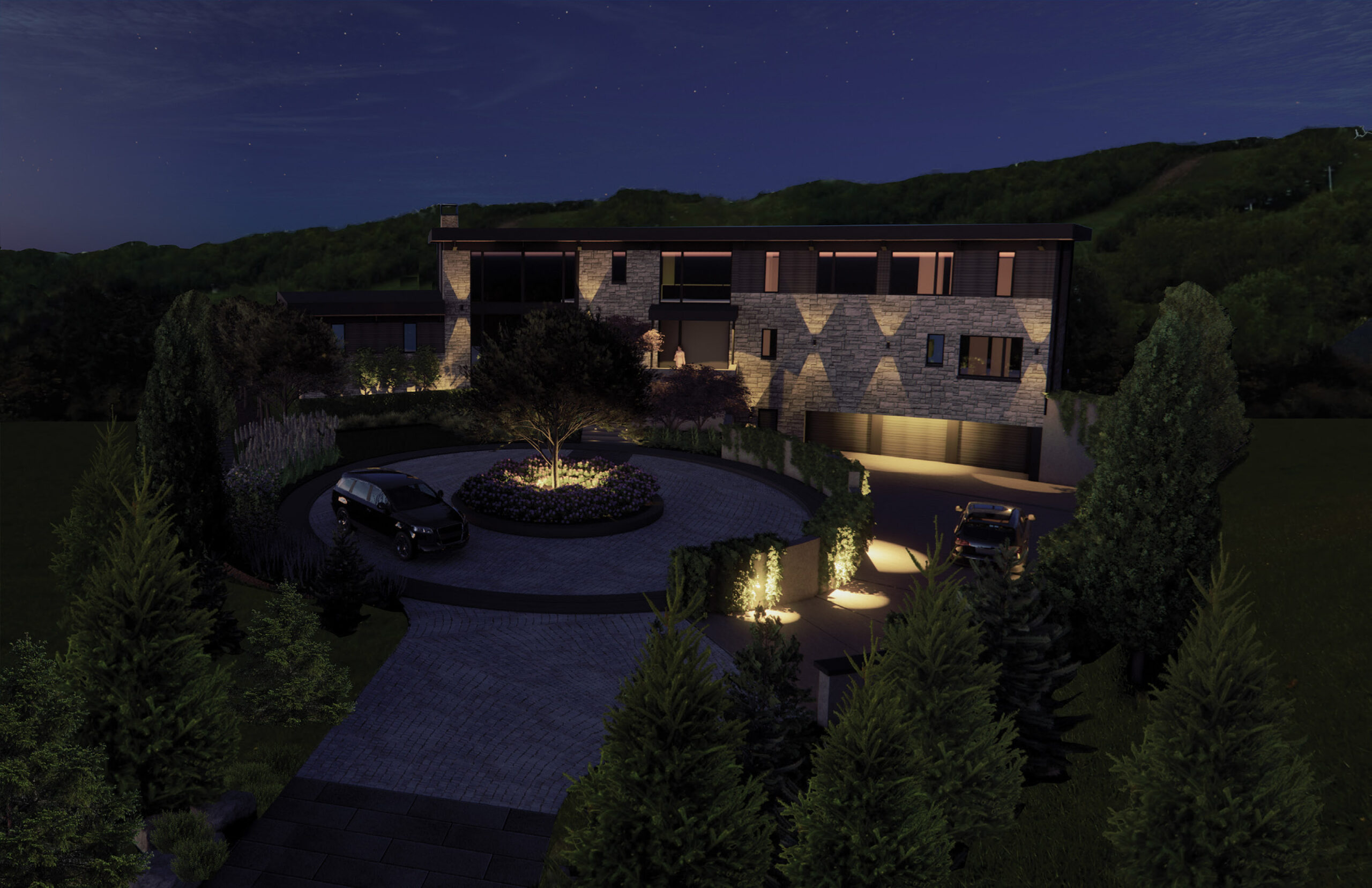 Rendering of a contemporary chalet viewed at night showing the landscaping design, exterior lighting and architectural elements