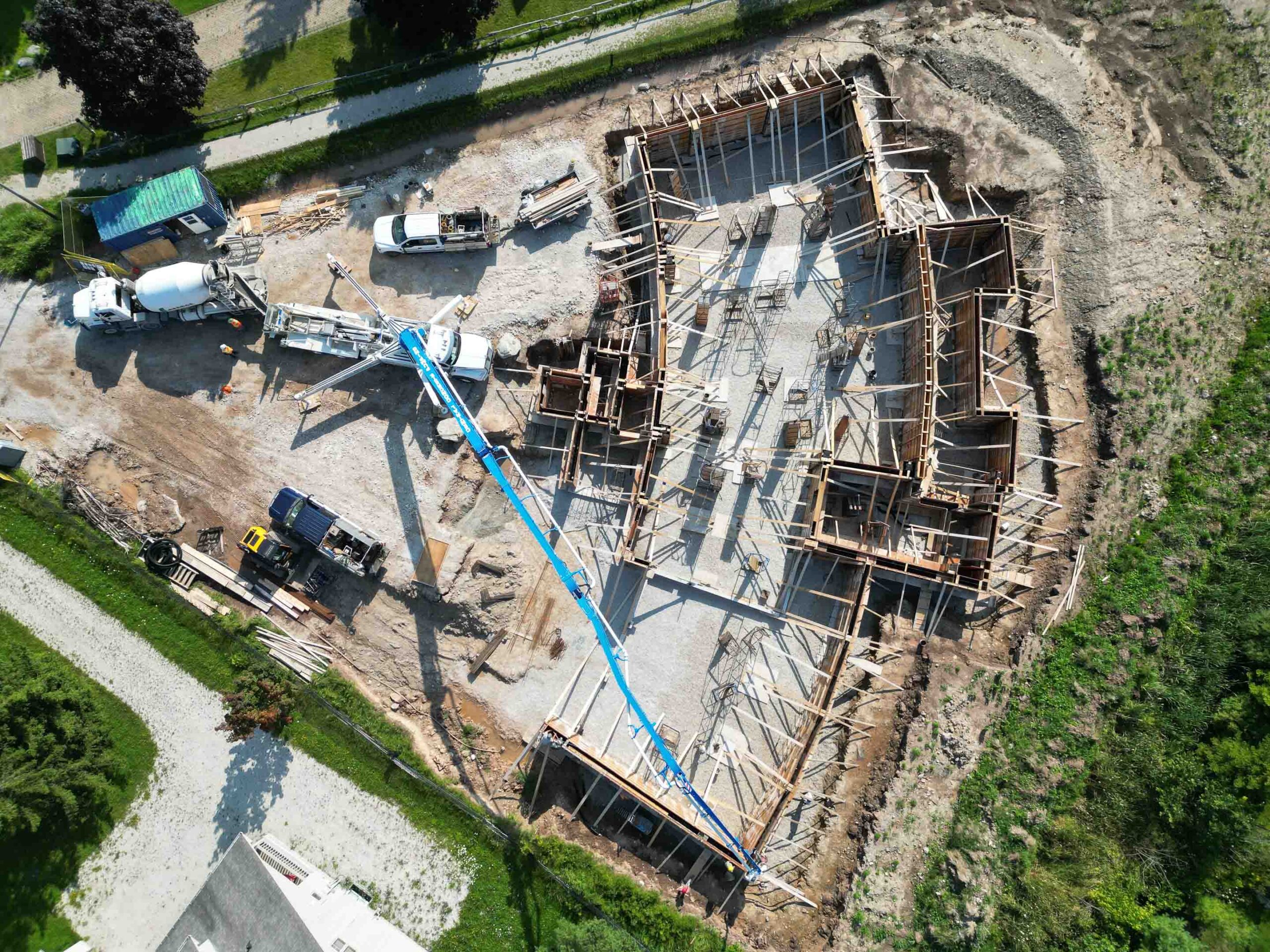 in construction, aerial view of a contemporary chalet being built by Blake Farrow Project Management