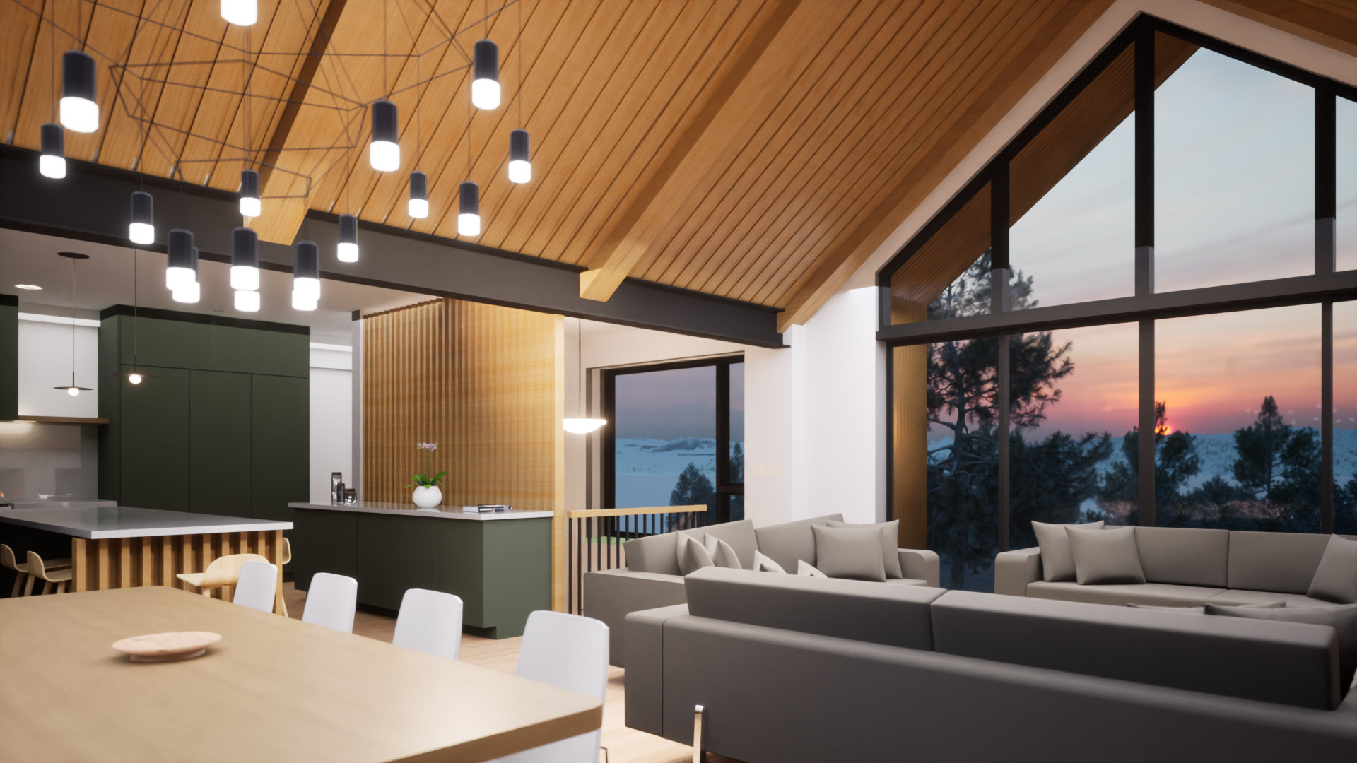 Rendering of the living room of a modern family chalet currently being built by Blake Farrow Project Management. Architect ERA