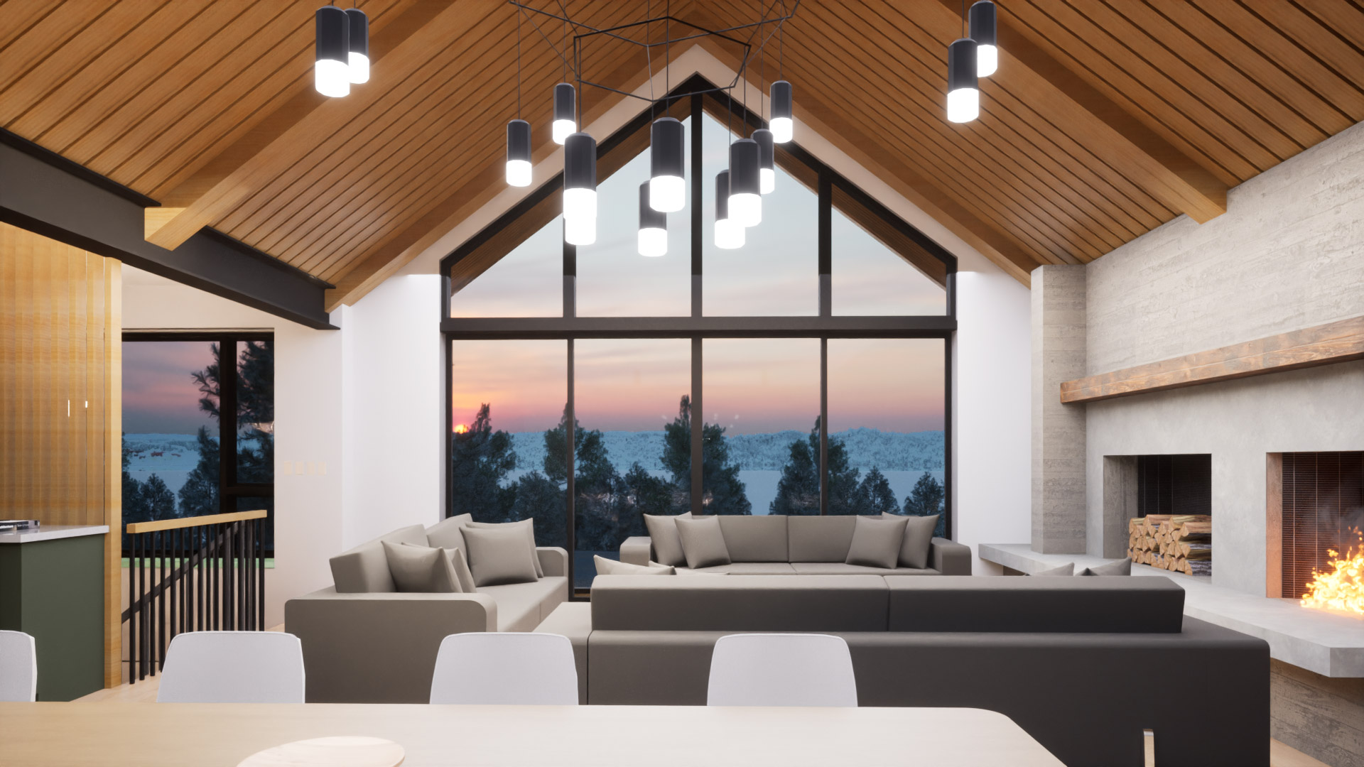 Rendering of the living room of a modern family chalet currently being built by Blake Farrow Project Management. Architect ERA