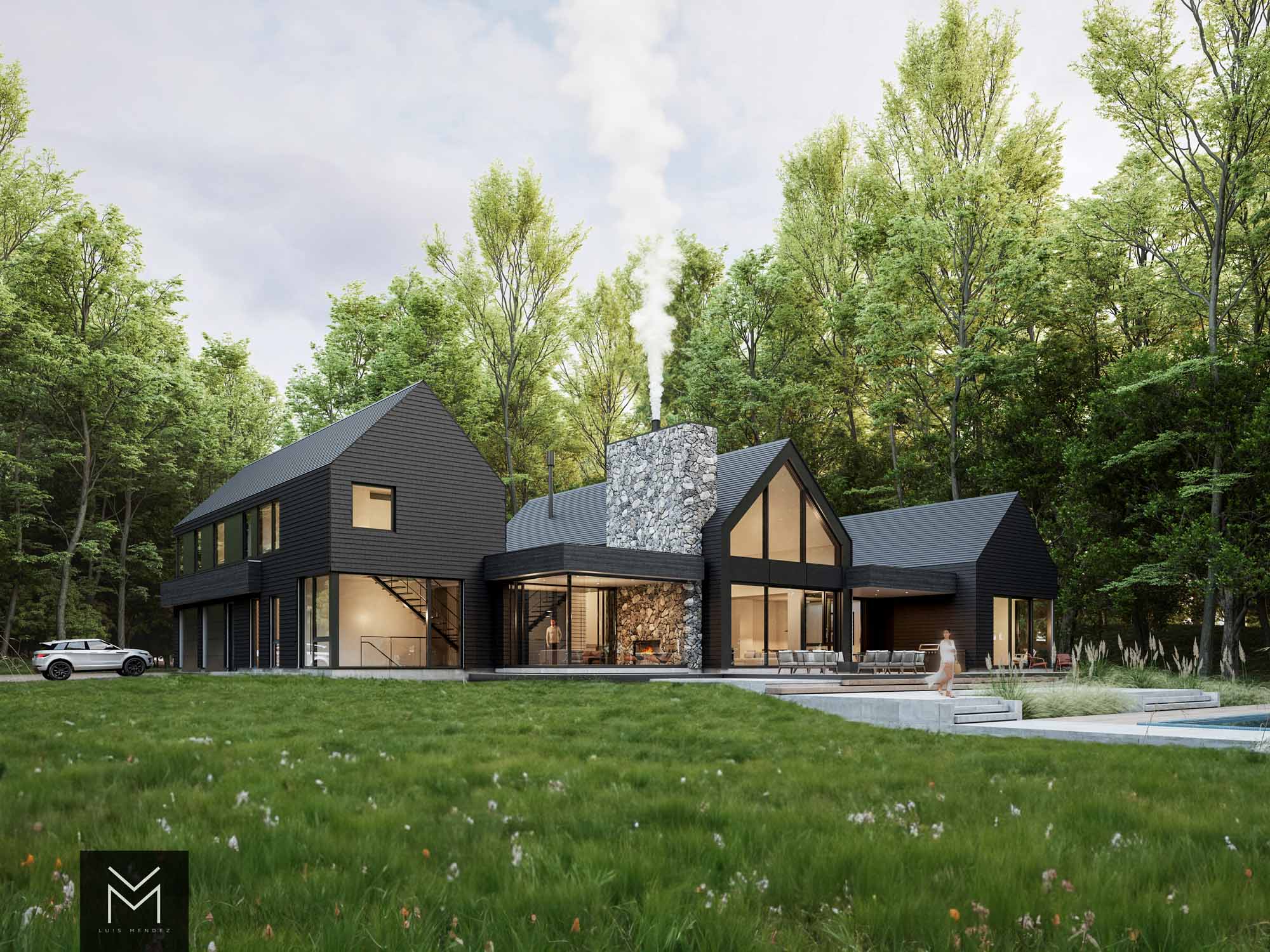 Rendering of a Scandinavian style farmhouse, currently in construction. Architectural Designer Luis Mendez, Builder Blake Farrow Project Management