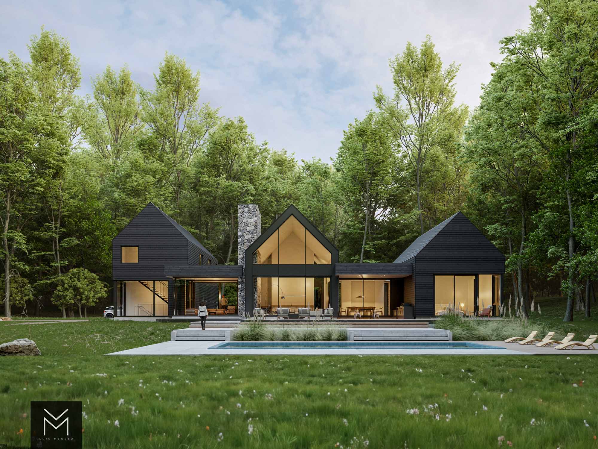 Rendering of a Scandinavian style farmhouse, currently in construction. Architectural Designer Luis Mendez, Builder Blake Farrow Project Management