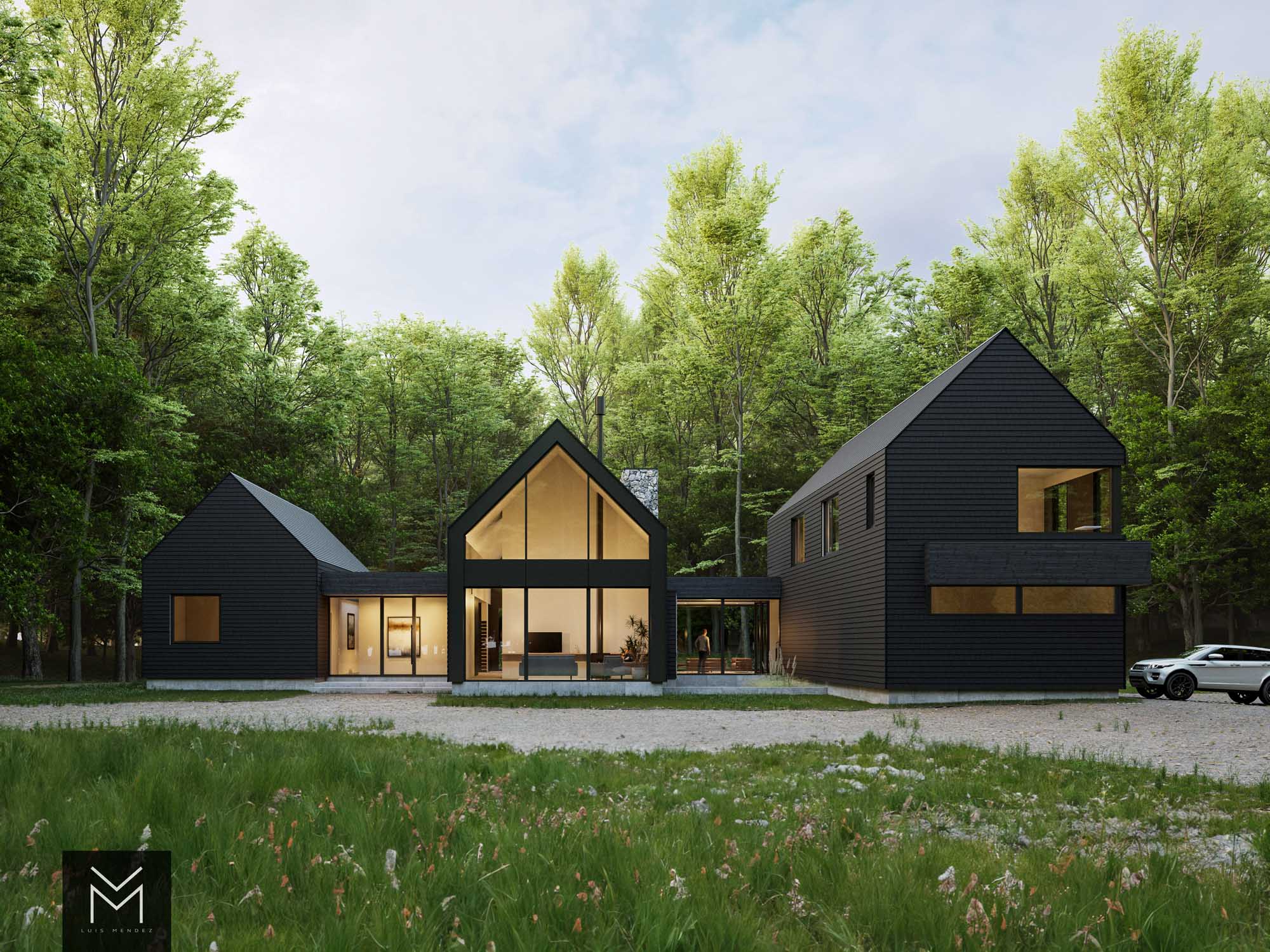 Rendering of a Scandinavian style farmhouse, currently in construction. Architectural Designer Luis Mendez, Builder Blake Farrow Project Management