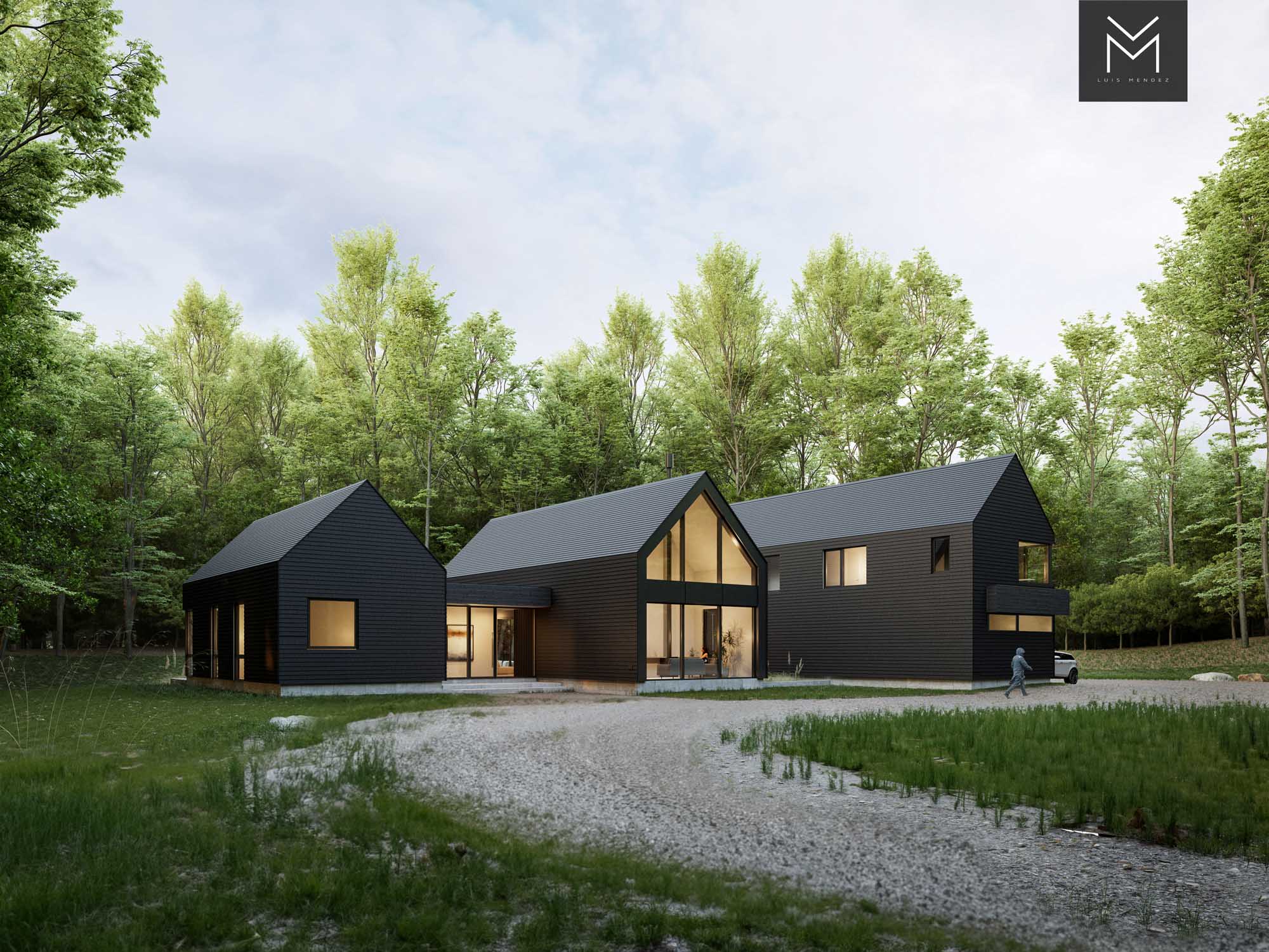 Rendering of a Scandinavian style farmhouse, currently in construction. Architectural Designer Luis Mendez, Builder Blake Farrow Project Management