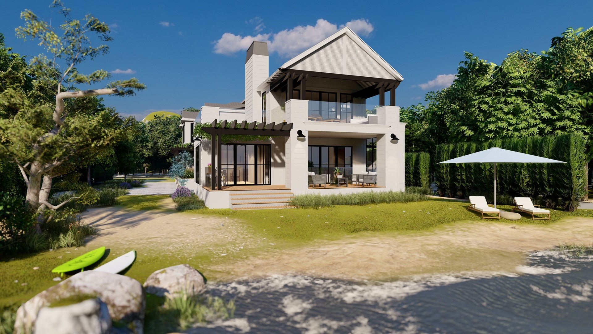 Architectural rendering of a modern beach house, designed by Steve Hamelin, being built by Blake Farrow Project Management