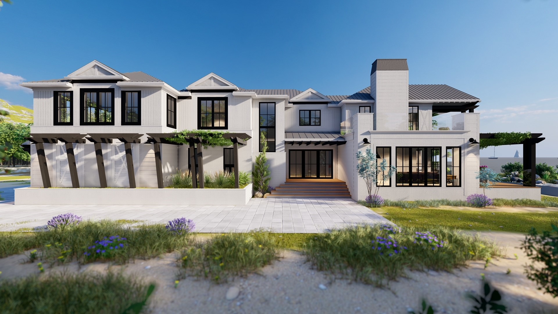 Architectural rendering of a modern beach house, designed by Steve Hamelin, being built by Blake Farrow Project Management