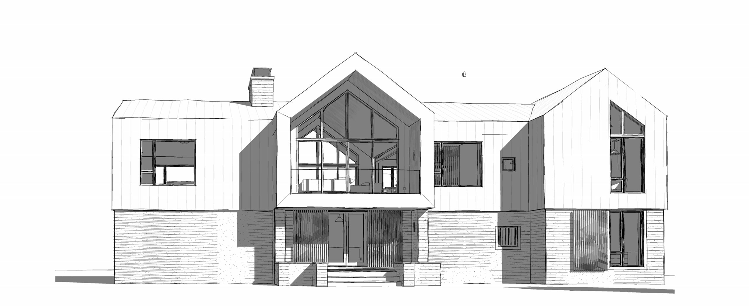 Architectural sketch of a modern, Scandi-style family chalet designed by ERA Architects, currently being built by Blake Farrow Project Management