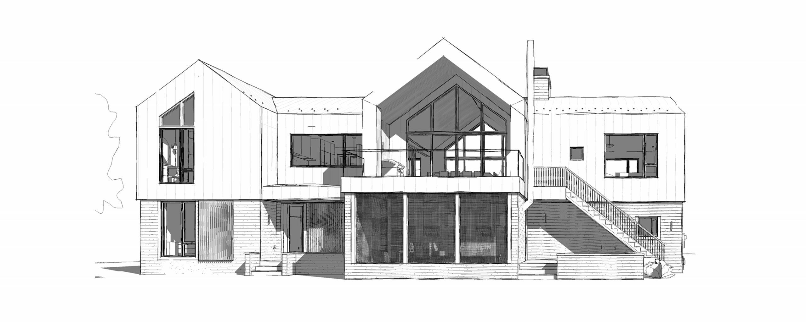 Architectural sketch of a modern, Scandi-style family chalet designed by ERA Architects, currently being built by Blake Farrow Project Management