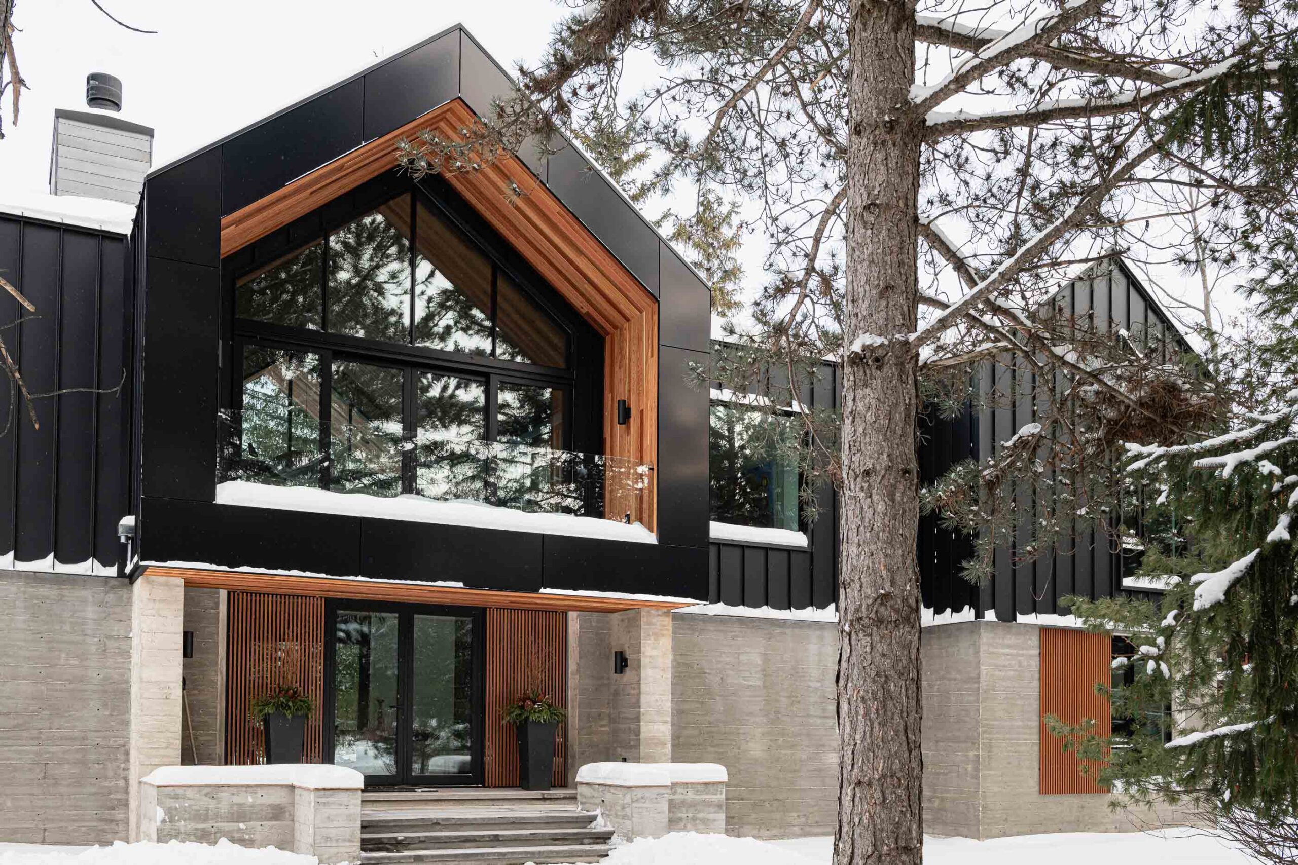 Modern Blue Mountain chalet with board formed concrete walls, black metal siding and wood detailing