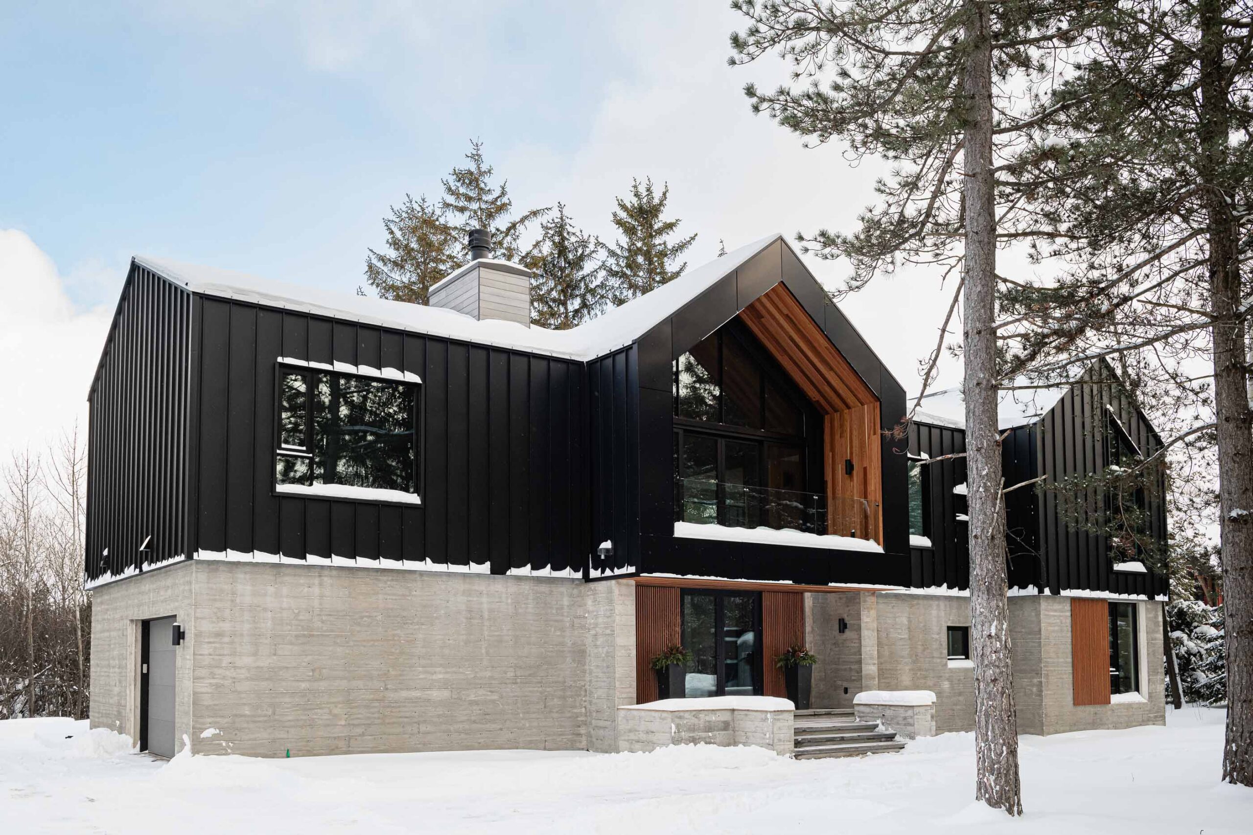 Modern alpine-inspired Blue Mountain chalet with clean lines, board formed concrete walls, black metal siding, and wood detailing