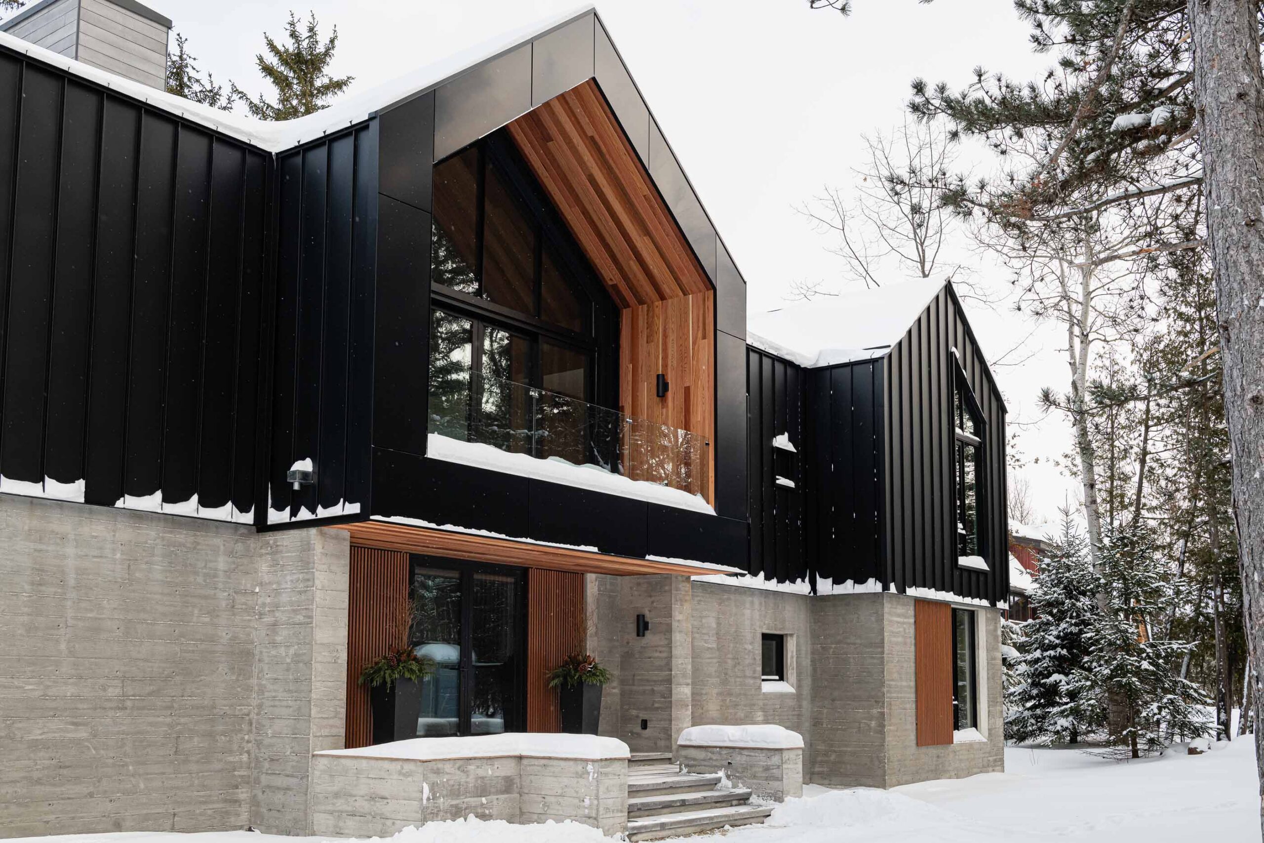 Contemporary Blue Mountain chalet with clean lines, board formed concrete walls, black metal siding, and wood detailing
