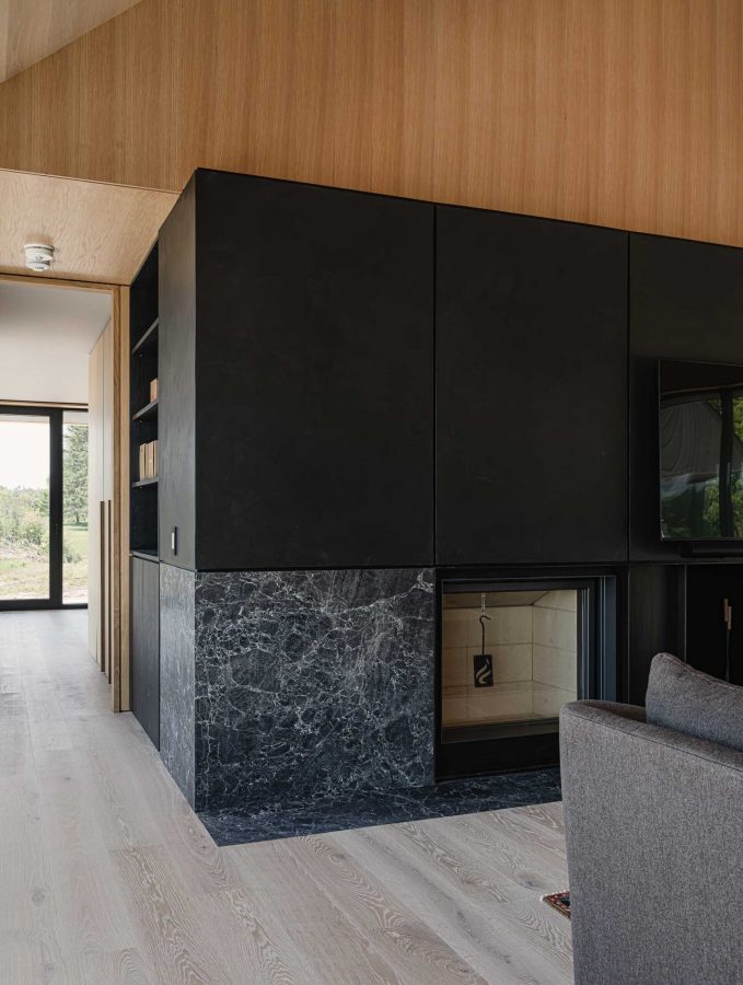 fireplace detail in a Scandinavian-style barn house with dark tile, contemporary fireplace insert and walnut paneling