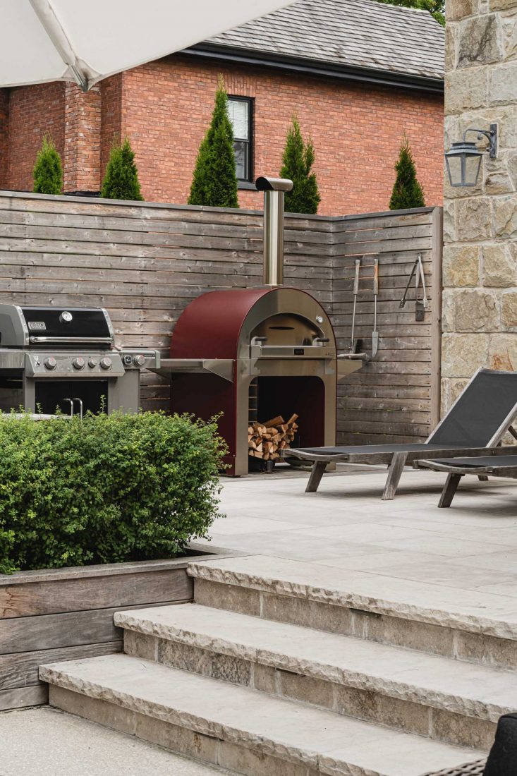 Backyard patio and outdoor kitchen with pizza oven