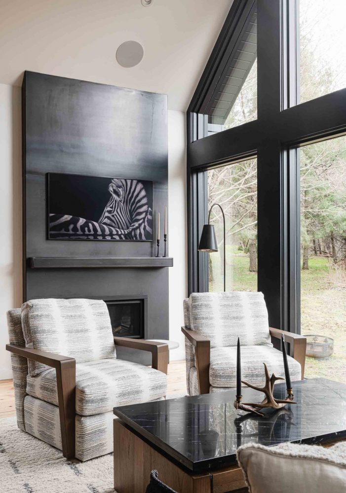 15-262-Chalet Cold rolled steel fireplace in a custom chalet renovation by Blake Farrow Project