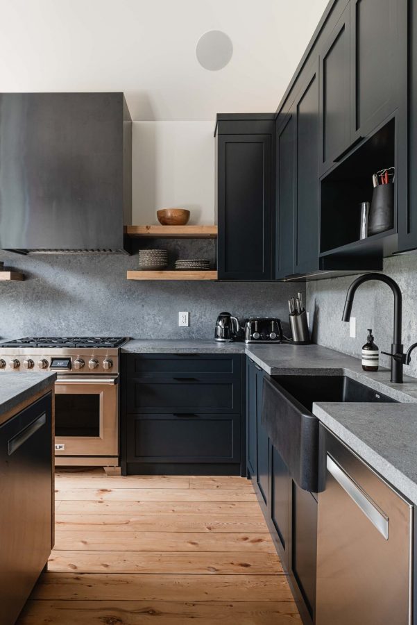 18-262-Chalet Dark moody kitchen in a modernized rustic chalet renovation by Blake Farrow Project, designed by FAD