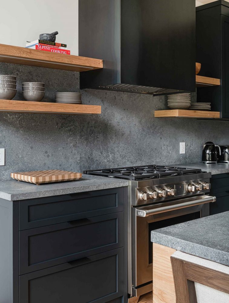 19-262-Chalet Dark moody kitchen in a modernized rustic chalet renovation by Blake Farrow Project, designed by FAD