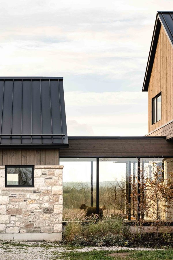 Architectural detail of a glass breezeway in a contemporary farmhouse, with a dog walking through the hall