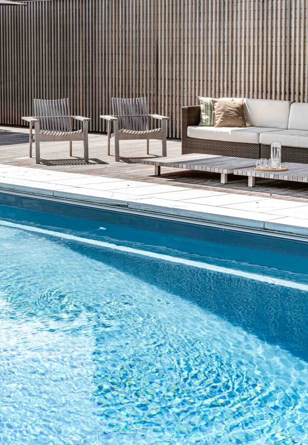 detail of a modern pool and outdoor living area built by Blake Farrow Project, designed by Joel Loblaw