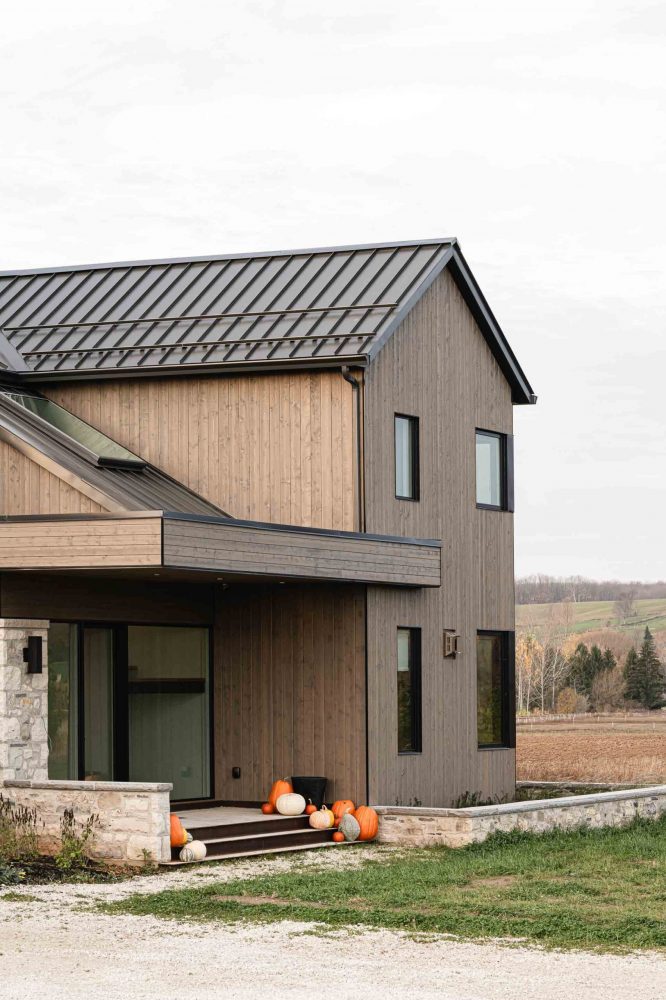 Front entry detail of a contemporary farmhouse crafted with stone, metal, glass and wood