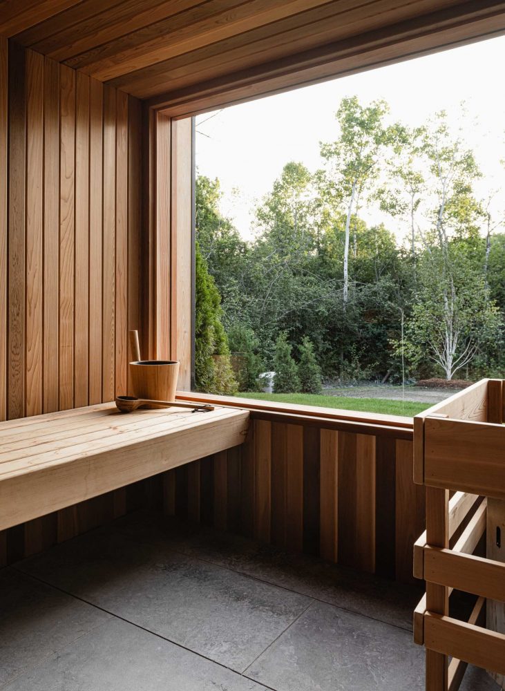 The view from a Nordic-inspired sauna at a modern Blue Mountain alpine chalet