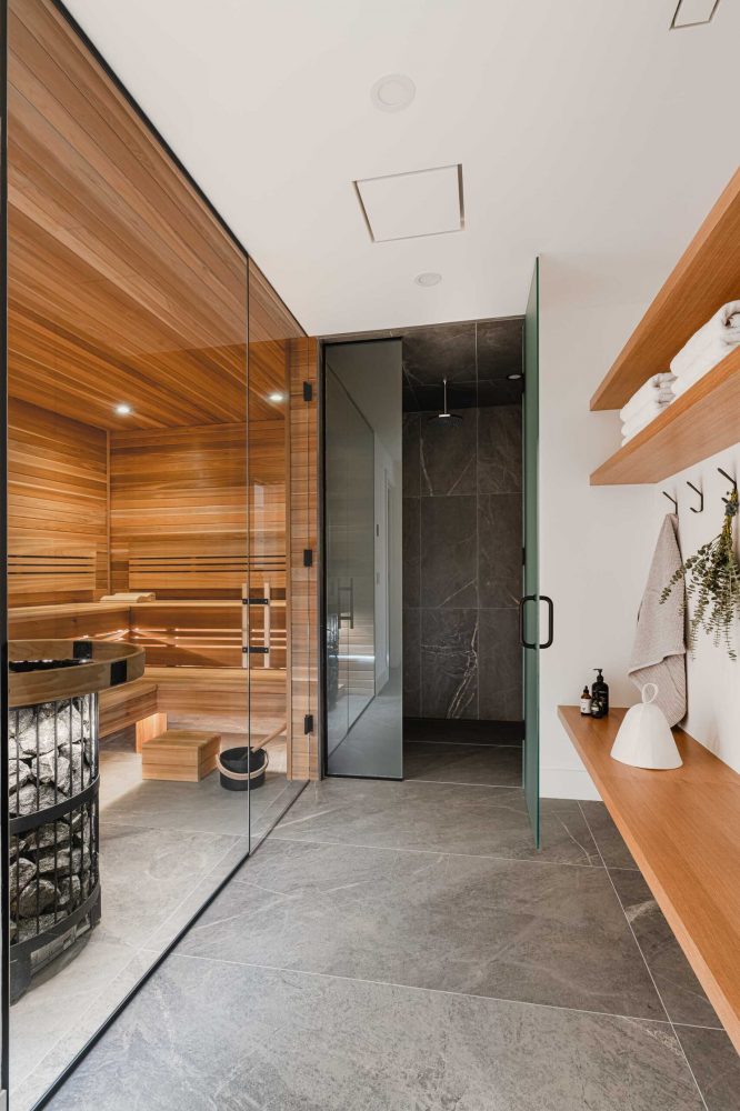 8-Contemporary-Country custom, modern indoor sauna and shower in a home built by blake farrow project
