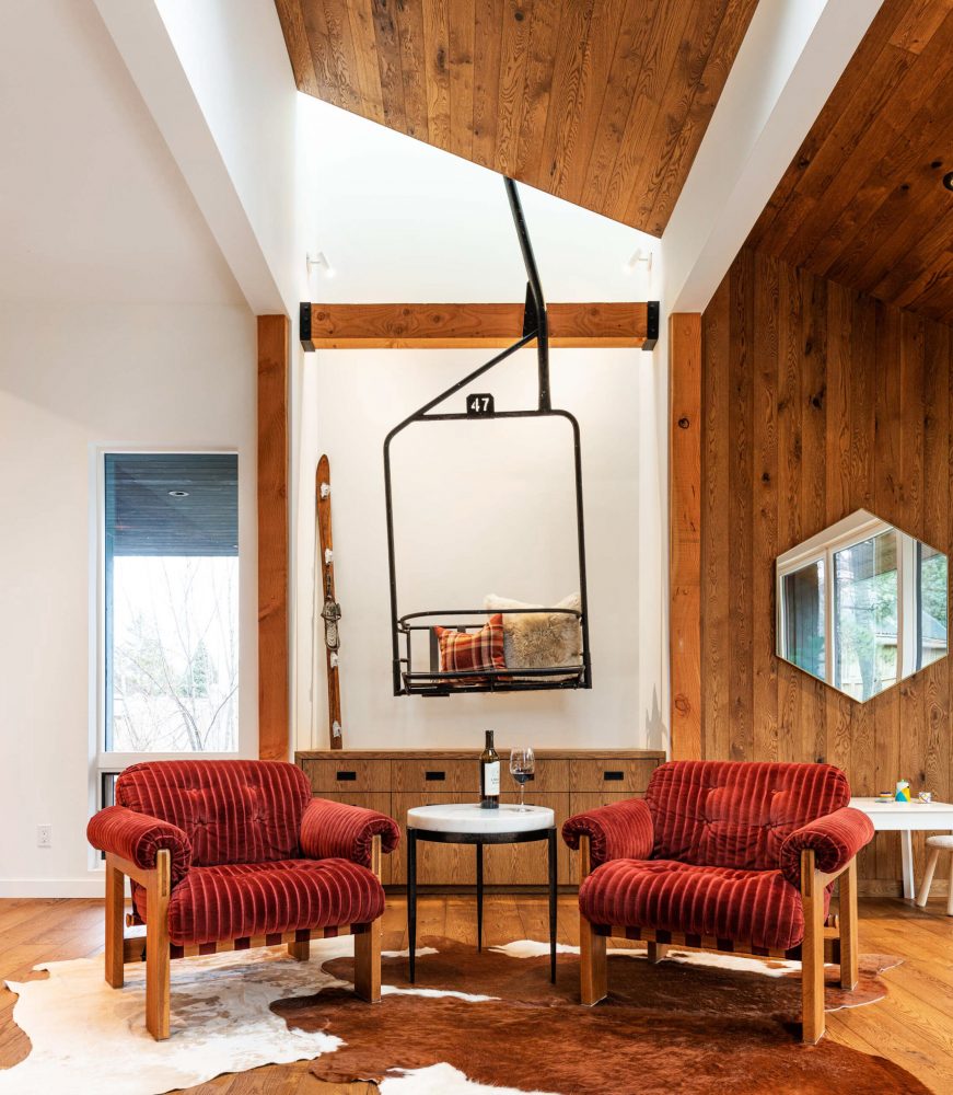 retro modern chalet interior with ski lift decor